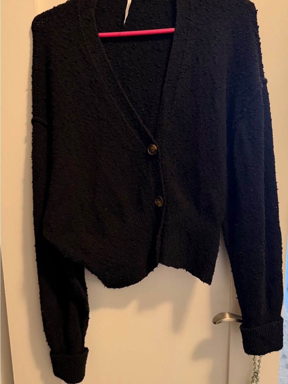 Free People Black Textured V-Neck Button Cardigan Oversized